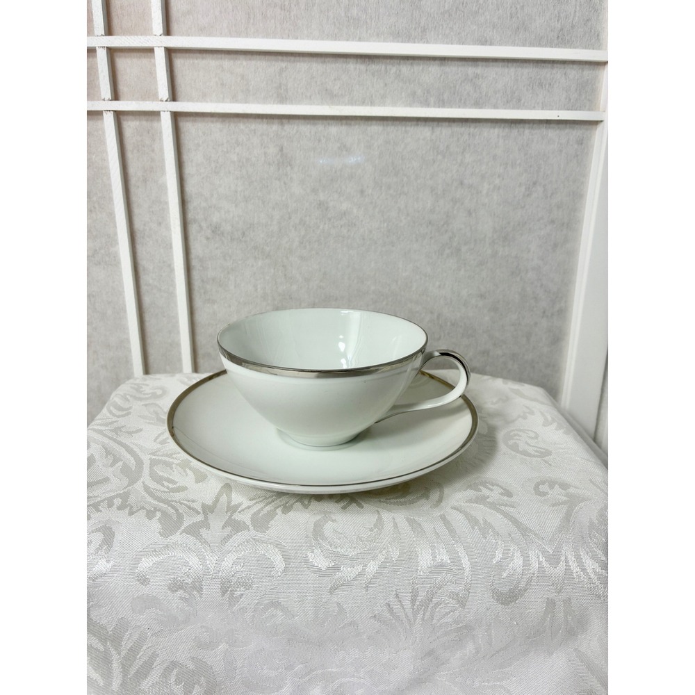VTG Harmony House Moderne Tea Cup and Saucer Set White Platinum Trim 3545 Japan